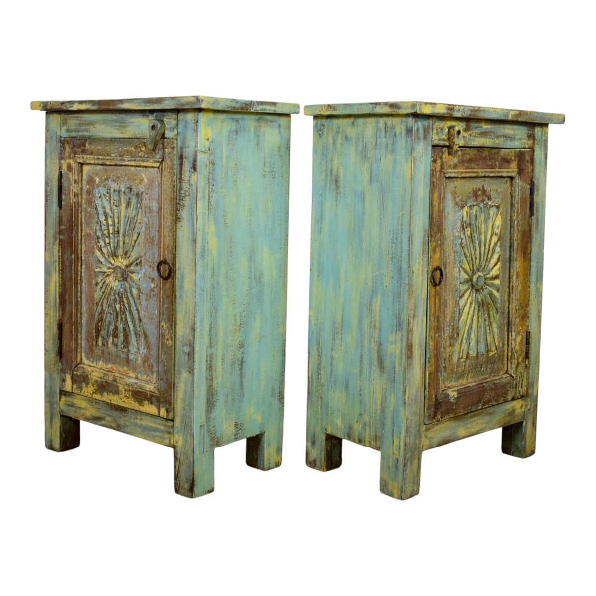 Vintage Reclaimed Carved Wood Pair of Bed Side Cabinet Cupboard