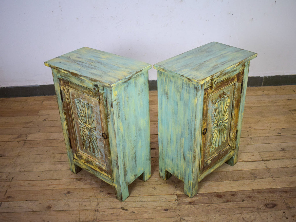Vintage Reclaimed Carved Wood Pair of Bed Side Cabinet Cupboard