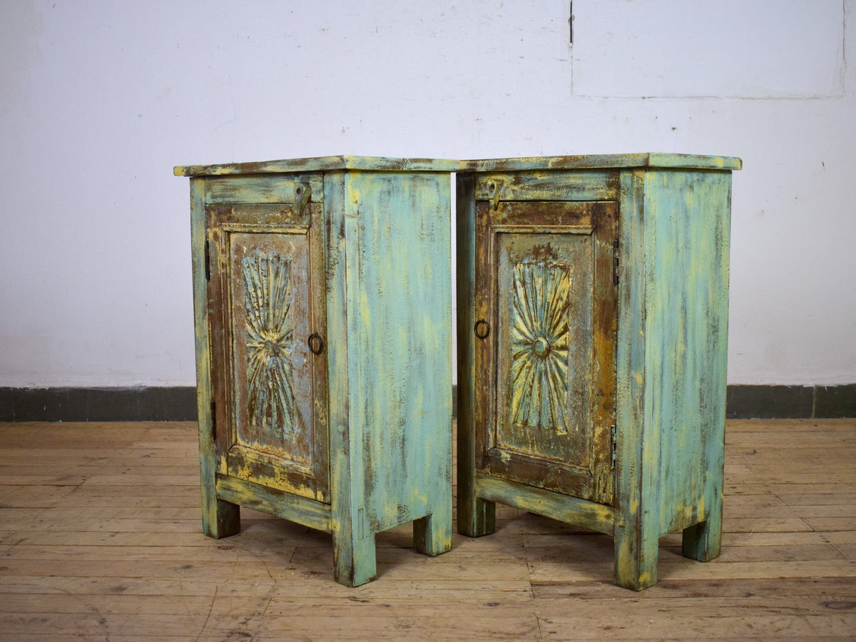 Vintage Reclaimed Carved Wood Pair of Bed Side Cabinet Cupboard