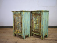 Vintage Reclaimed Carved Wood Pair of Bed Side Cabinet Cupboard