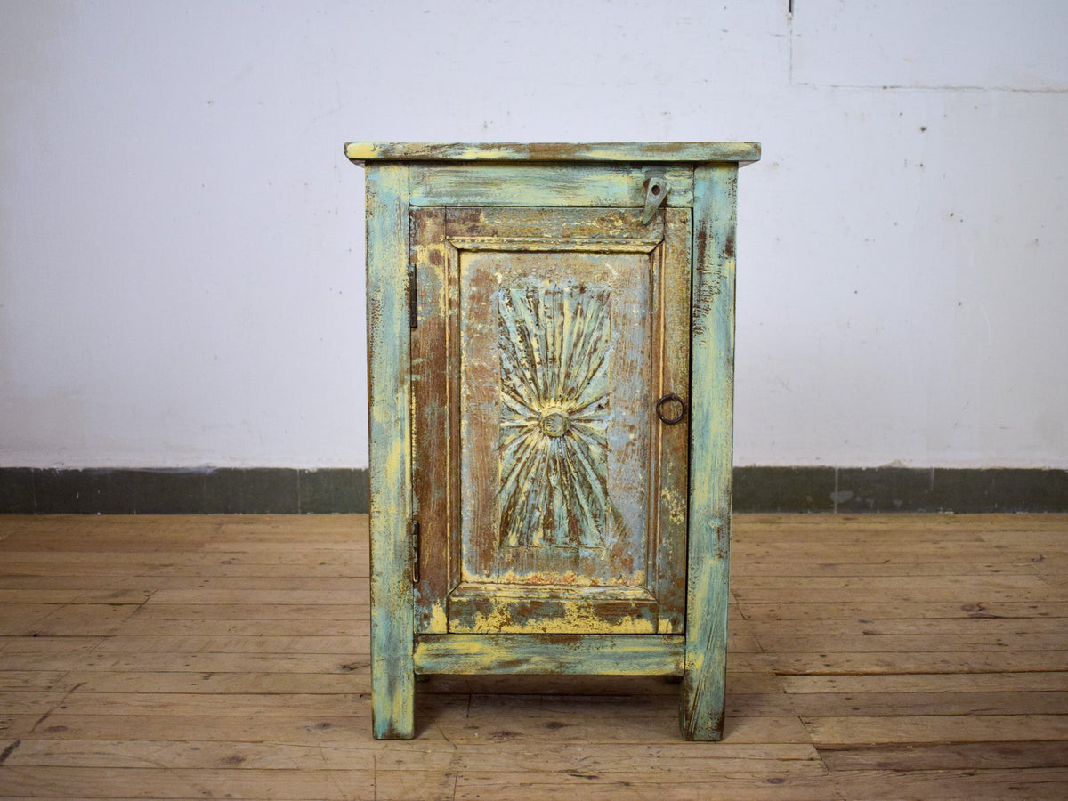 Vintage Reclaimed Carved Wood Pair of Bed Side Cabinet Cupboard