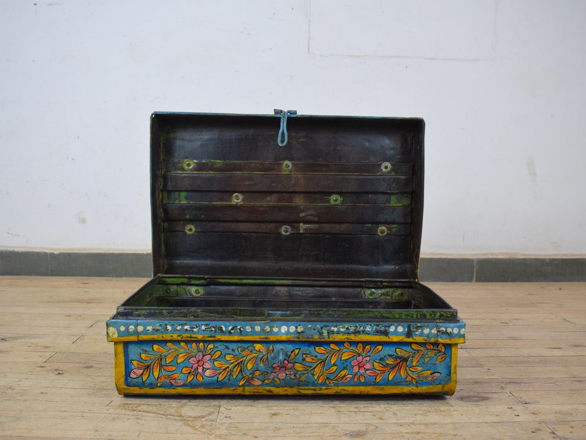 Vintage Indian Hand Painted Metal Travel Trunk Chest
