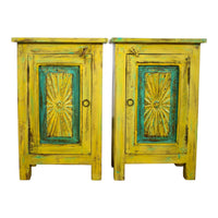 Vintage Reclaimed Carved Wood Pair of Bed Side Cabinet Cupboard