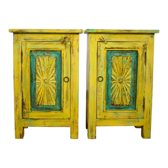 Vintage Reclaimed Carved Wood Pair of Bed Side Cabinet Cupboard