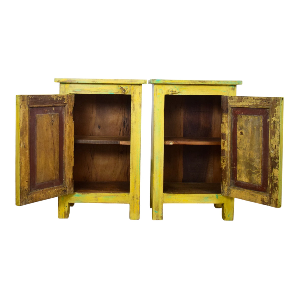 Vintage Reclaimed Carved Wood Pair of Bed Side Cabinet Cupboard