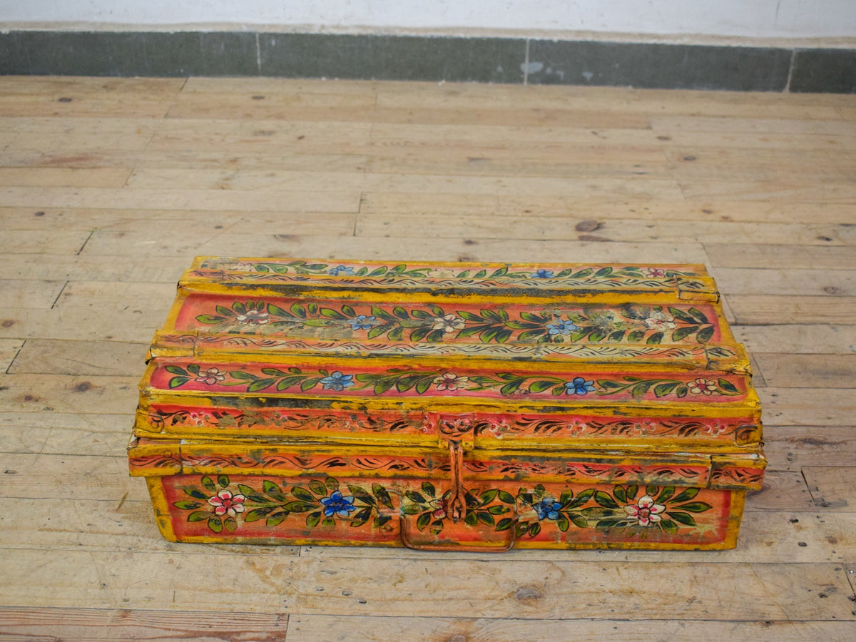 Vintage Indian Hand Painted Metal Travel Trunk Chest