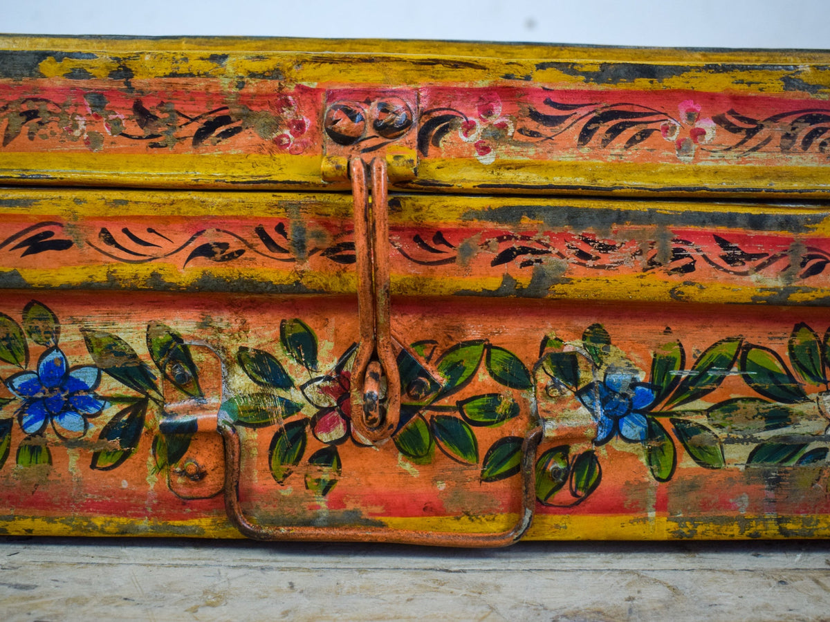Vintage Indian Hand Painted Metal Travel Trunk Chest