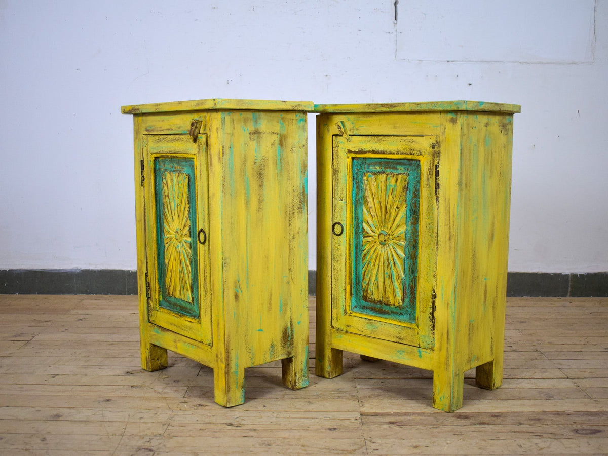 Vintage Reclaimed Carved Wood Pair of Bed Side Cabinet Cupboard