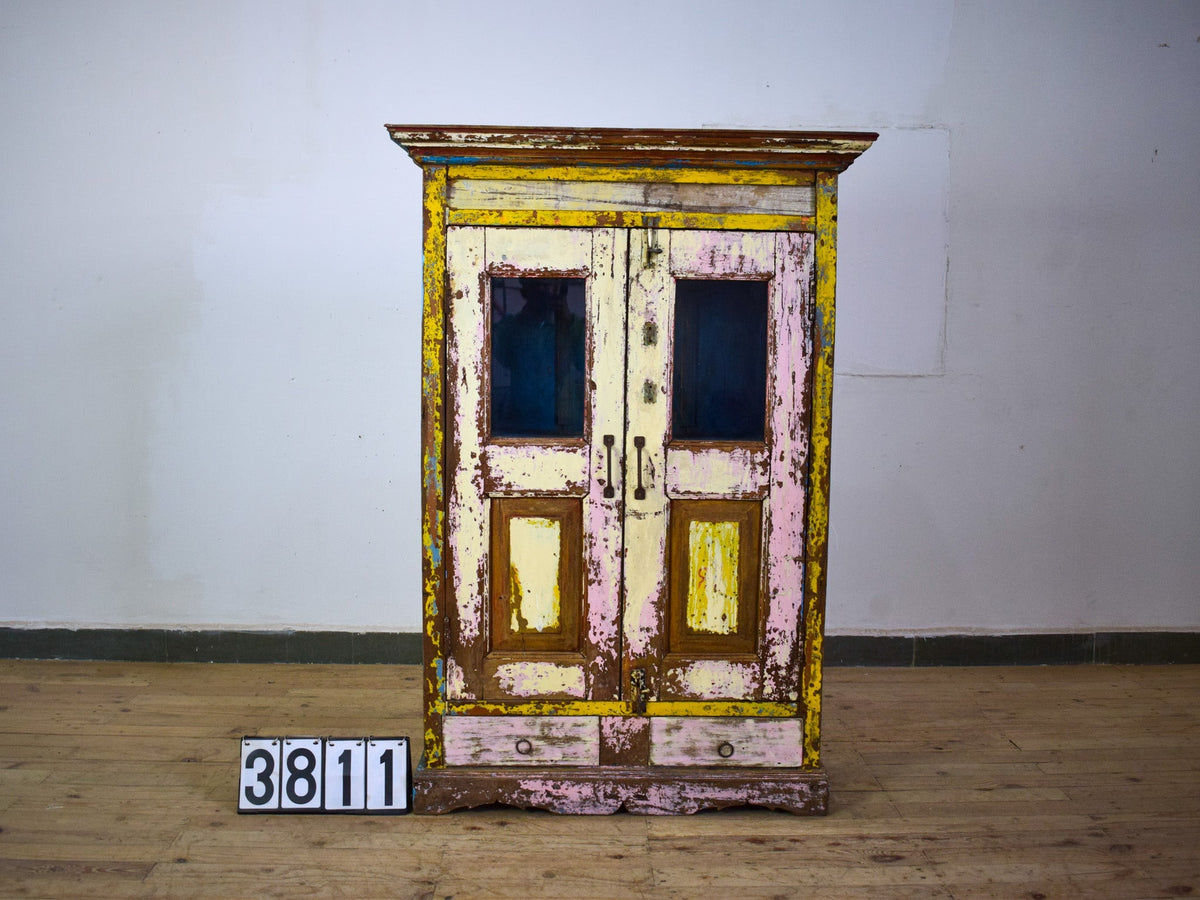 Vintage Worn Painted Rustic Cupboard Cabinet