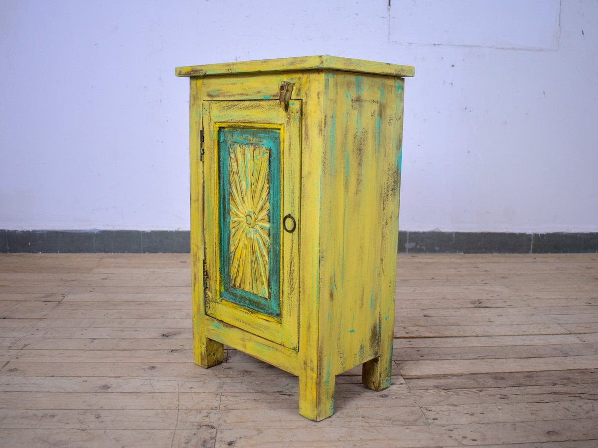 Vintage Reclaimed Carved Wood Pair of Bed Side Cabinet Cupboard