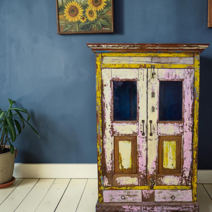 Vintage Worn Painted Rustic Cupboard Cabinet