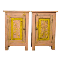 Vintage Reclaimed Carved Wood Pair of Bed Side Cabinet Cupboard