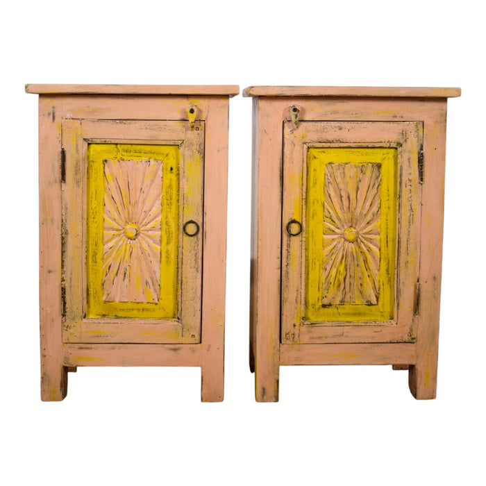 Vintage Reclaimed Carved Wood Pair of Bed Side Cabinet Cupboard