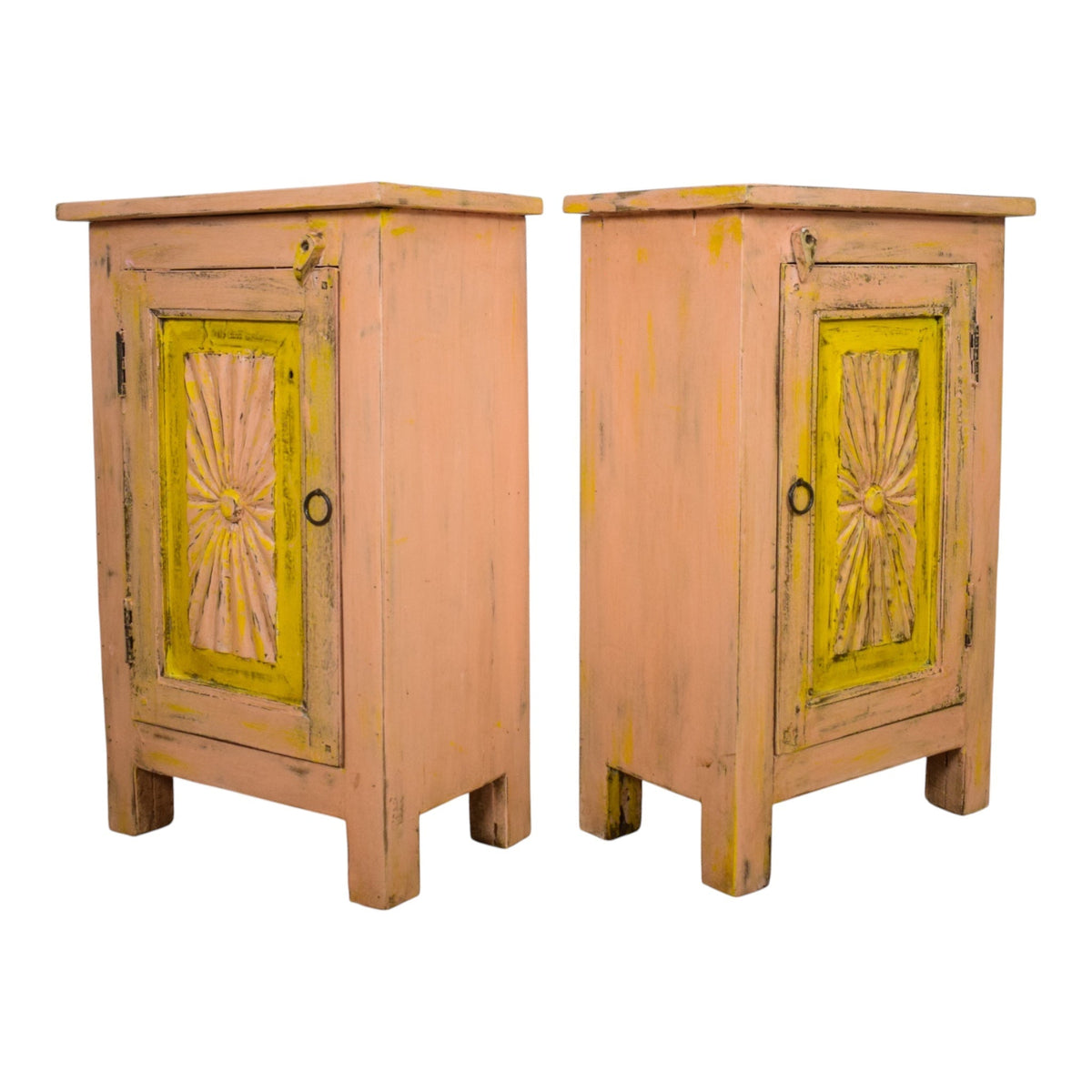 Vintage Reclaimed Carved Wood Pair of Bed Side Cabinet Cupboard