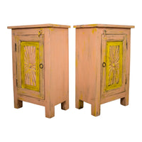 Vintage Reclaimed Carved Wood Pair of Bed Side Cabinet Cupboard