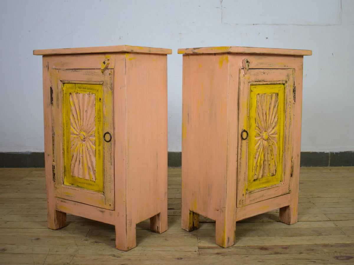 Vintage Reclaimed Carved Wood Pair of Bed Side Cabinet Cupboard