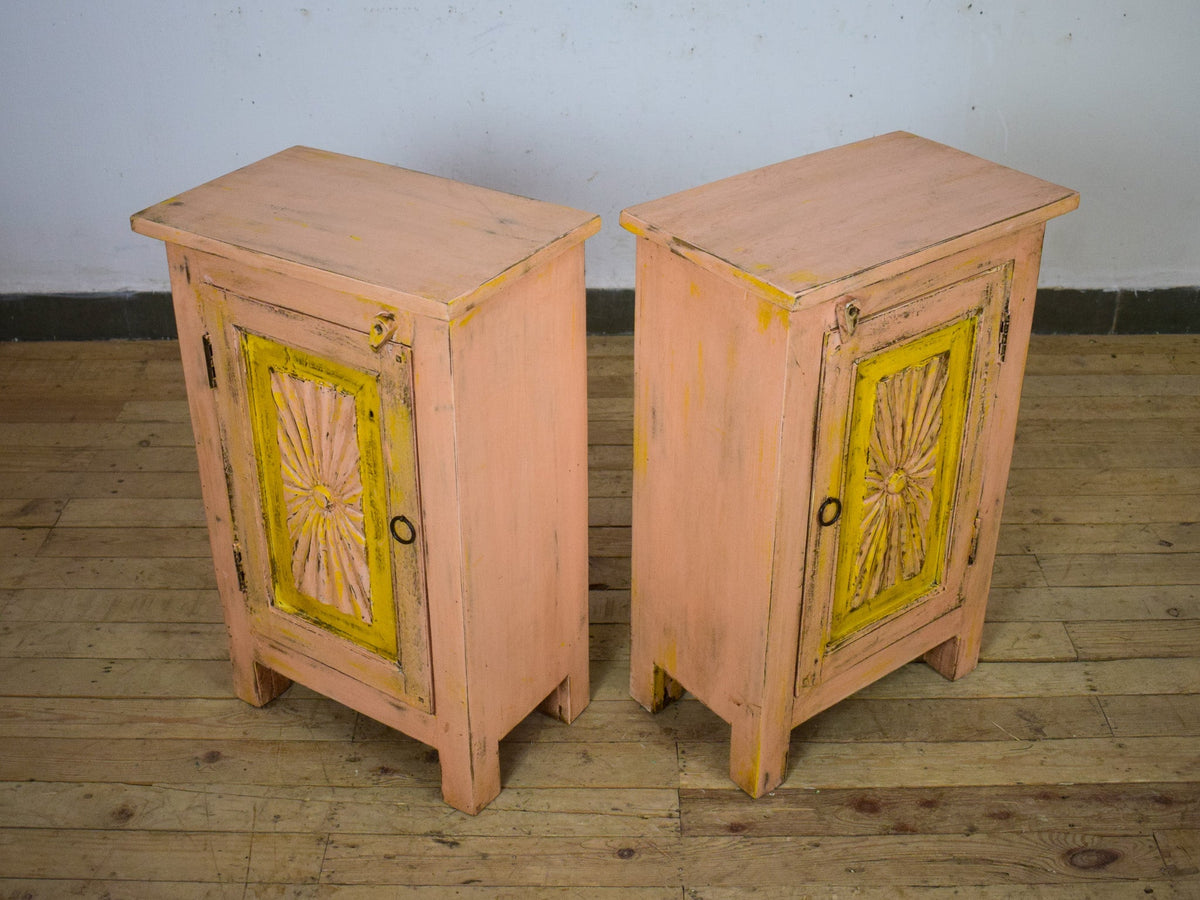 Vintage Reclaimed Carved Wood Pair of Bed Side Cabinet Cupboard