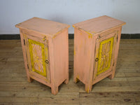 Vintage Reclaimed Carved Wood Pair of Bed Side Cabinet Cupboard