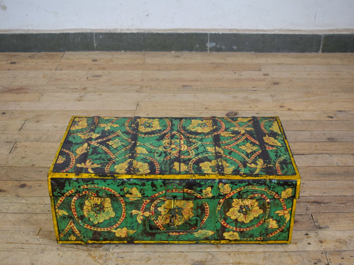 Vintage Indian Hand Painted Metal Travel Trunk Chest