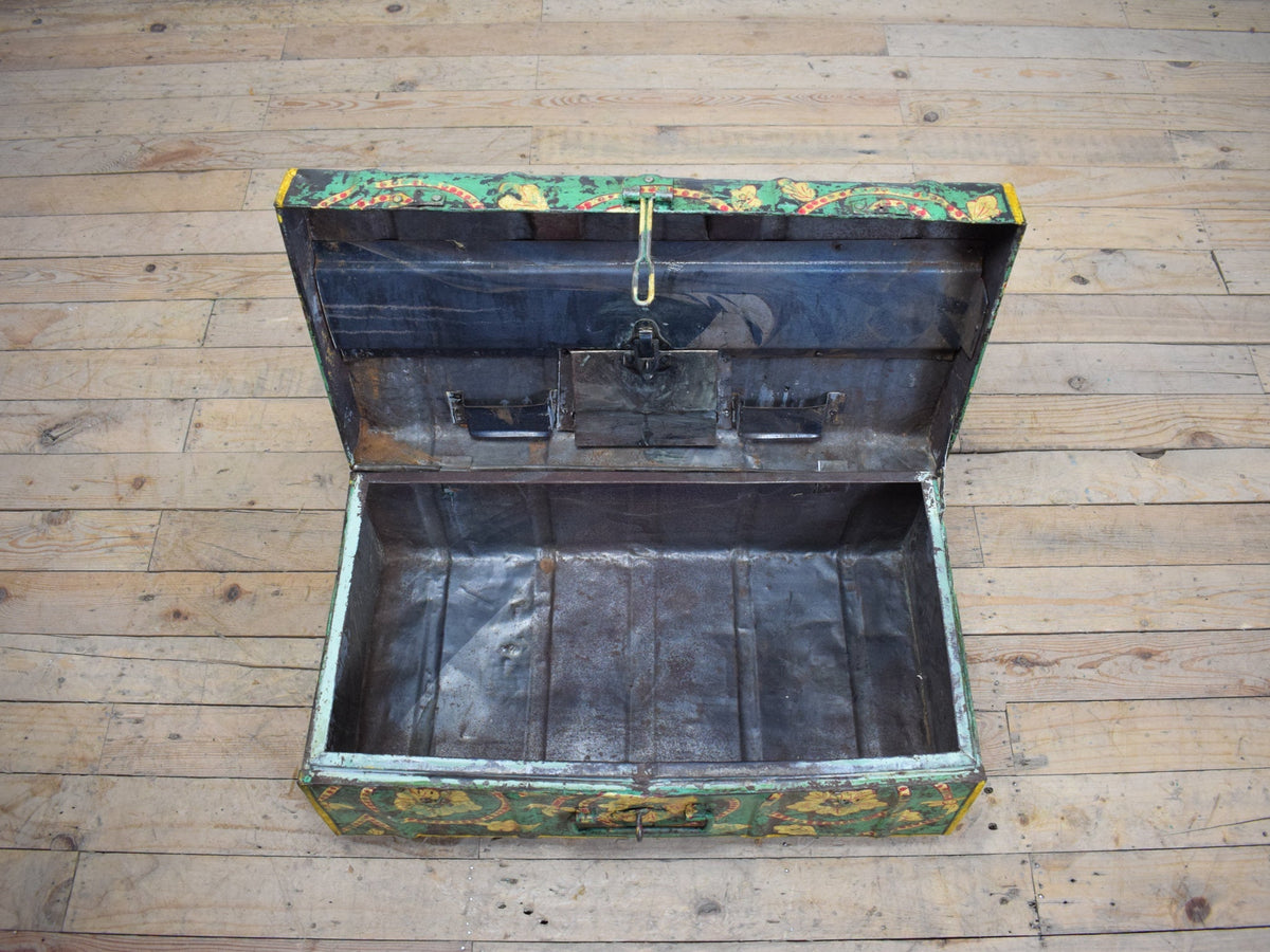 Vintage Indian Hand Painted Metal Travel Trunk Chest