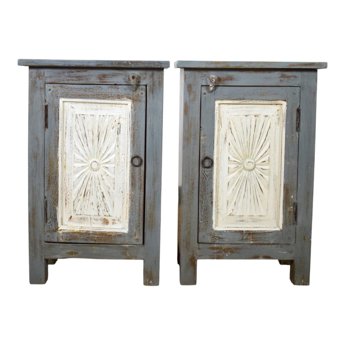 Vintage Reclaimed Carved Wood Pair of Bed Side Cabinet Cupboard