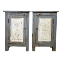 Vintage Reclaimed Carved Wood Pair of Bed Side Cabinet Cupboard