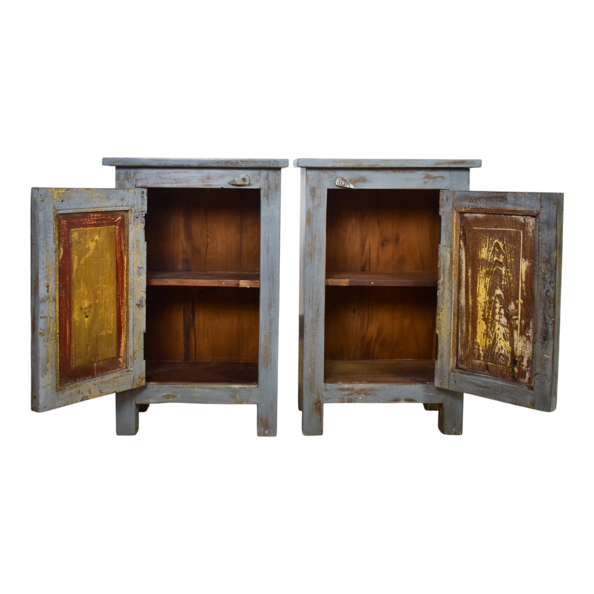 Vintage Reclaimed Carved Wood Pair of Bed Side Cabinet Cupboard