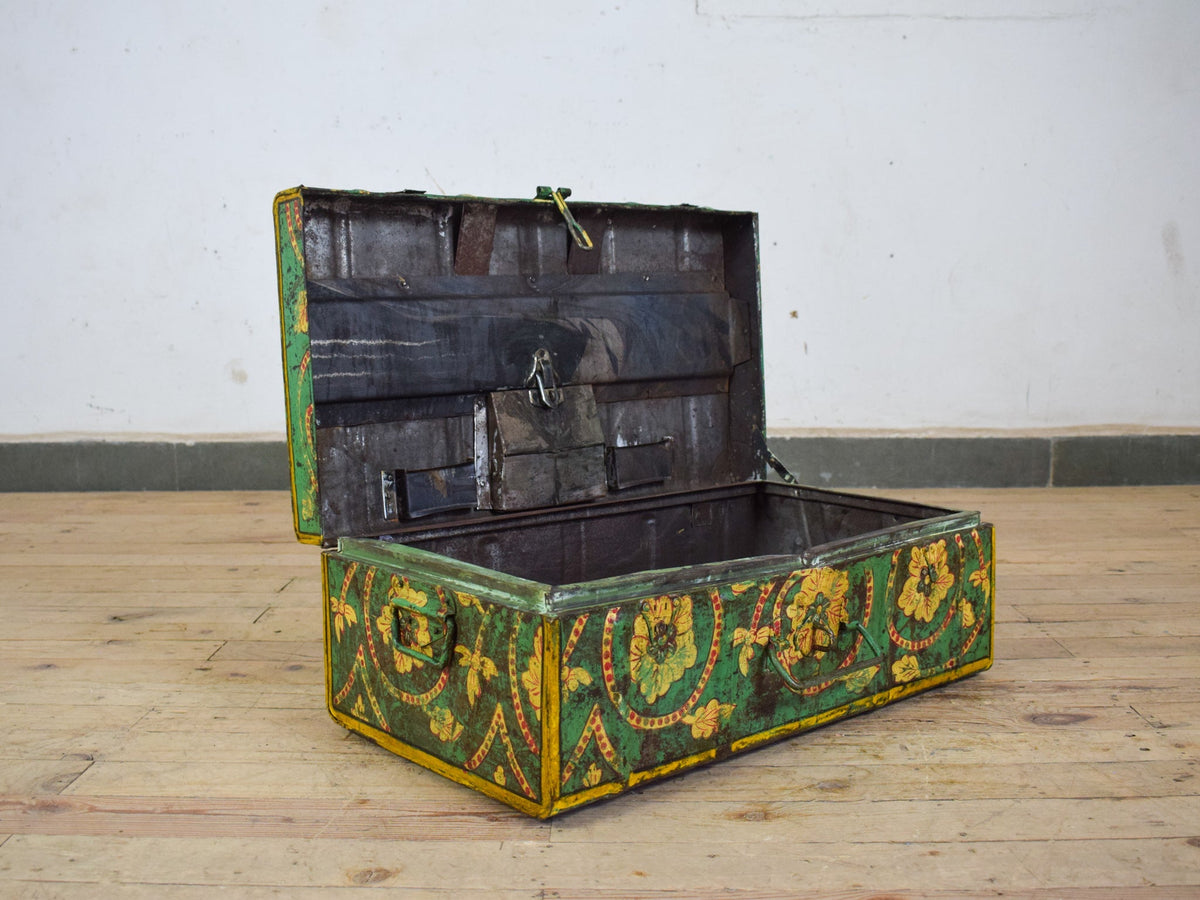 Vintage Indian Hand Painted Metal Travel Trunk Chest