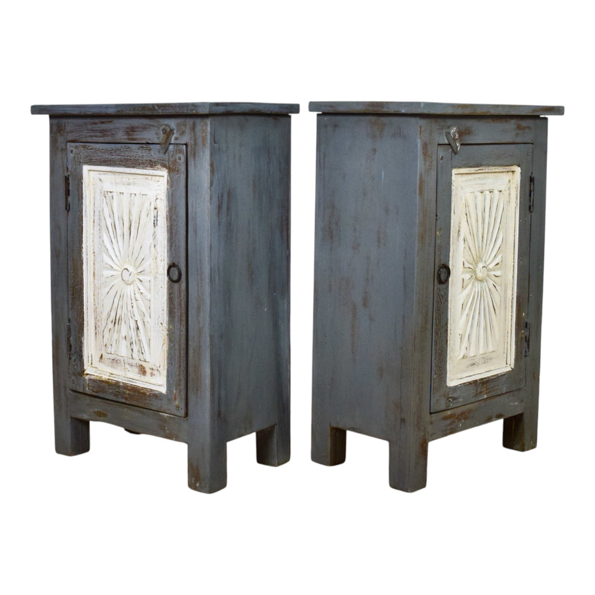 Vintage Reclaimed Carved Wood Pair of Bed Side Cabinet Cupboard