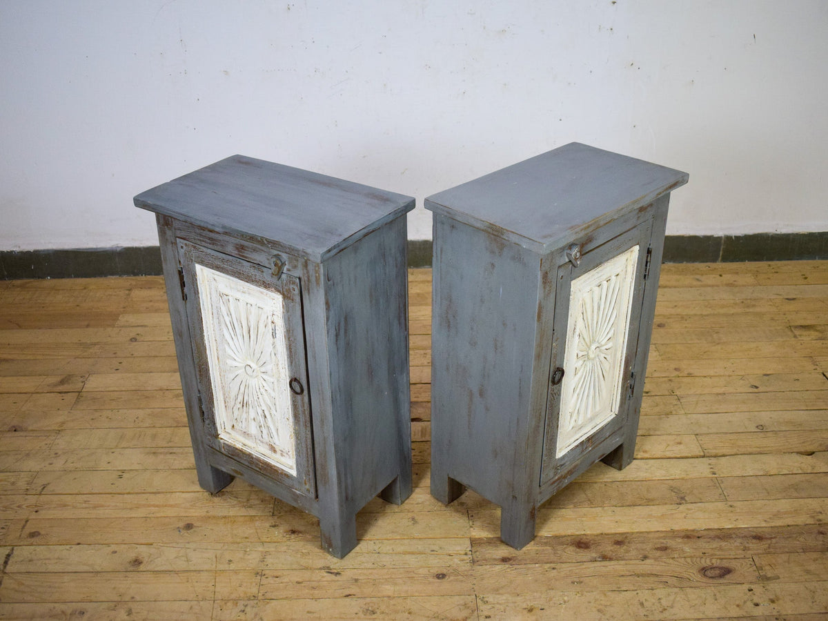 Vintage Reclaimed Carved Wood Pair of Bed Side Cabinet Cupboard