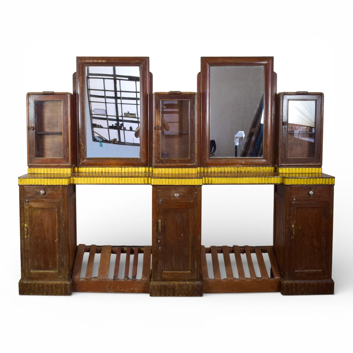 Vintage Original Barber Hairdressers Table Cupboard Cabinet With Mirrors