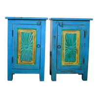 Vintage Reclaimed Carved Wood Pair of Bed Side Cabinet Cupboard