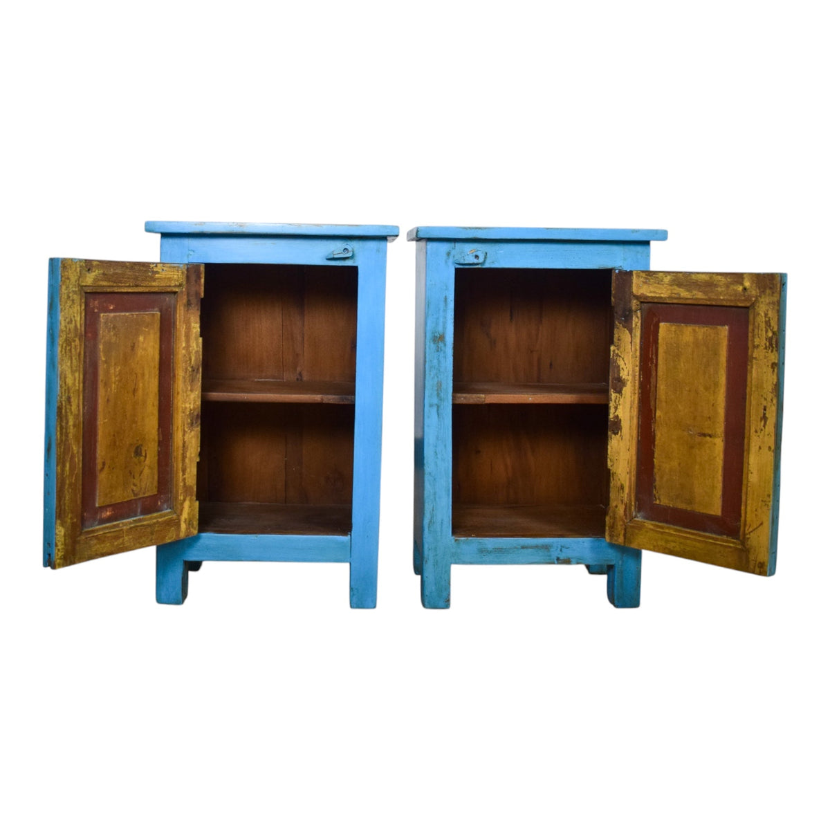 Vintage Reclaimed Carved Wood Pair of Bed Side Cabinet Cupboard