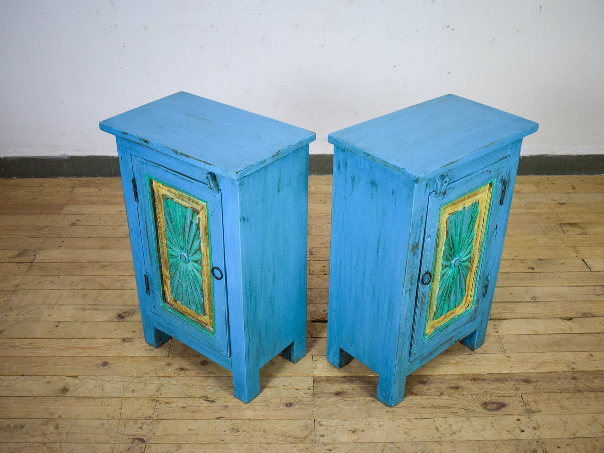 Vintage Reclaimed Carved Wood Pair of Bed Side Cabinet Cupboard