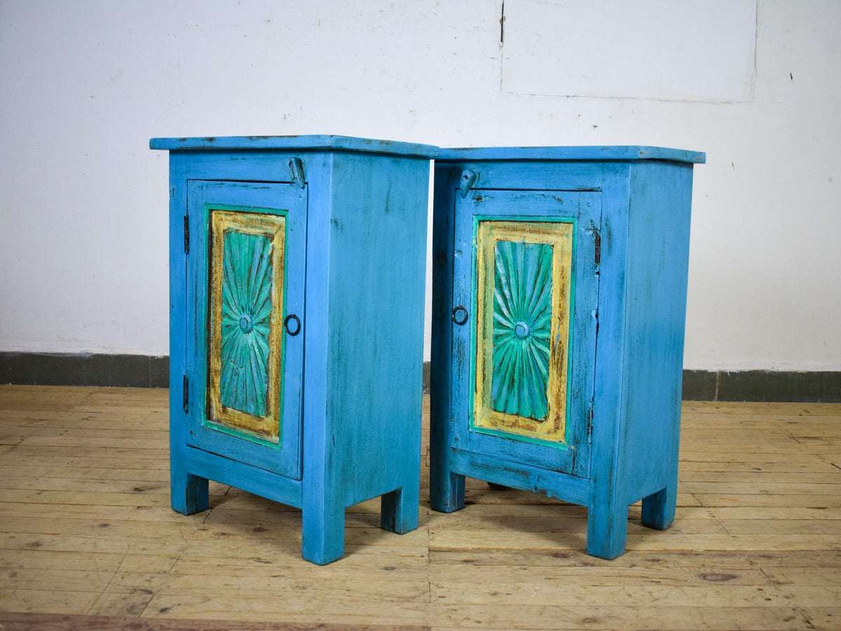 Vintage Reclaimed Carved Wood Pair of Bed Side Cabinet Cupboard