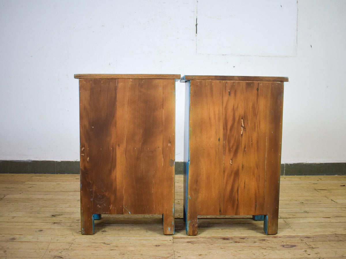 Vintage Reclaimed Carved Wood Pair of Bed Side Cabinet Cupboard