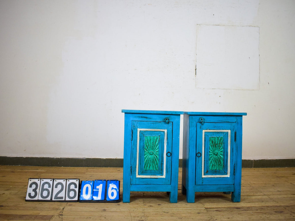 Vintage Reclaimed Carved Wood Pair of Bed Side Cabinet Cupboard