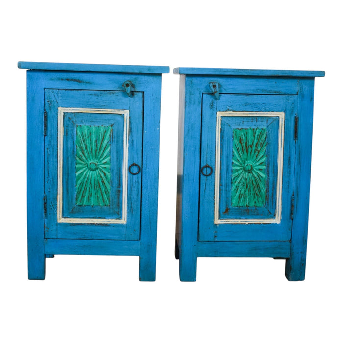 Vintage Reclaimed Carved Wood Pair of Bed Side Cabinet Cupboard