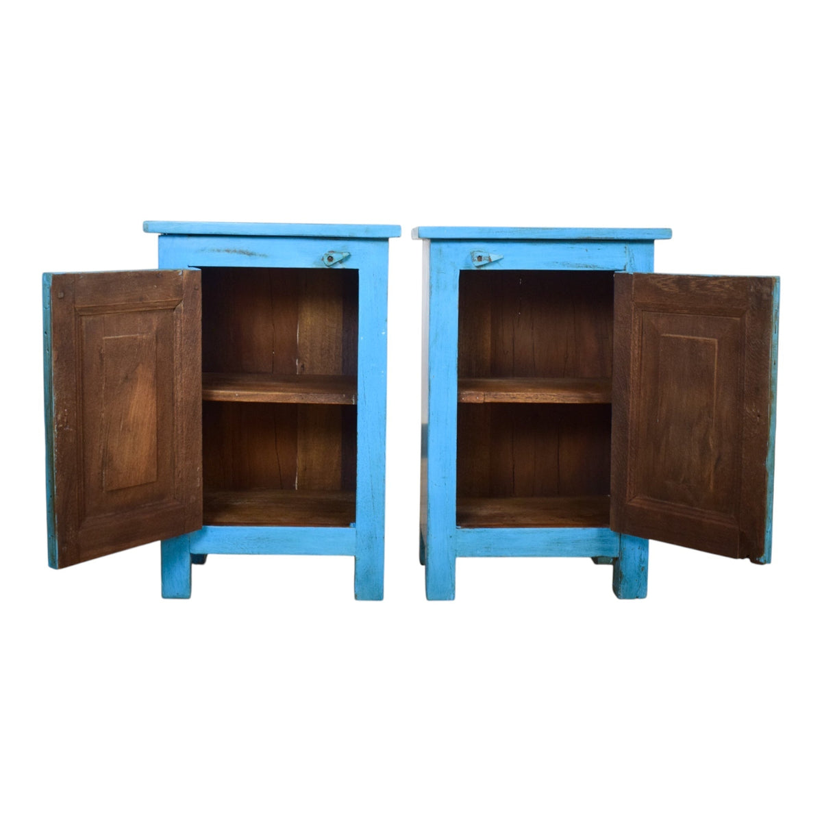 Vintage Reclaimed Carved Wood Pair of Bed Side Cabinet Cupboard