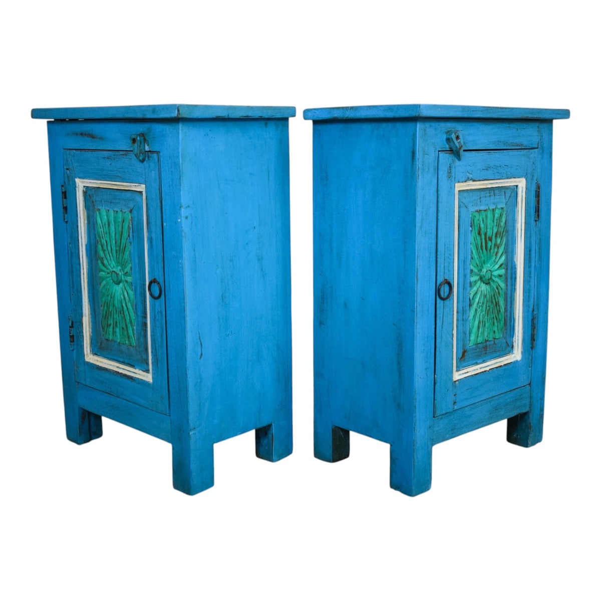 Vintage Reclaimed Carved Wood Pair of Bed Side Cabinet Cupboard