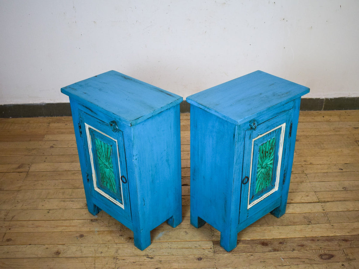 Vintage Reclaimed Carved Wood Pair of Bed Side Cabinet Cupboard