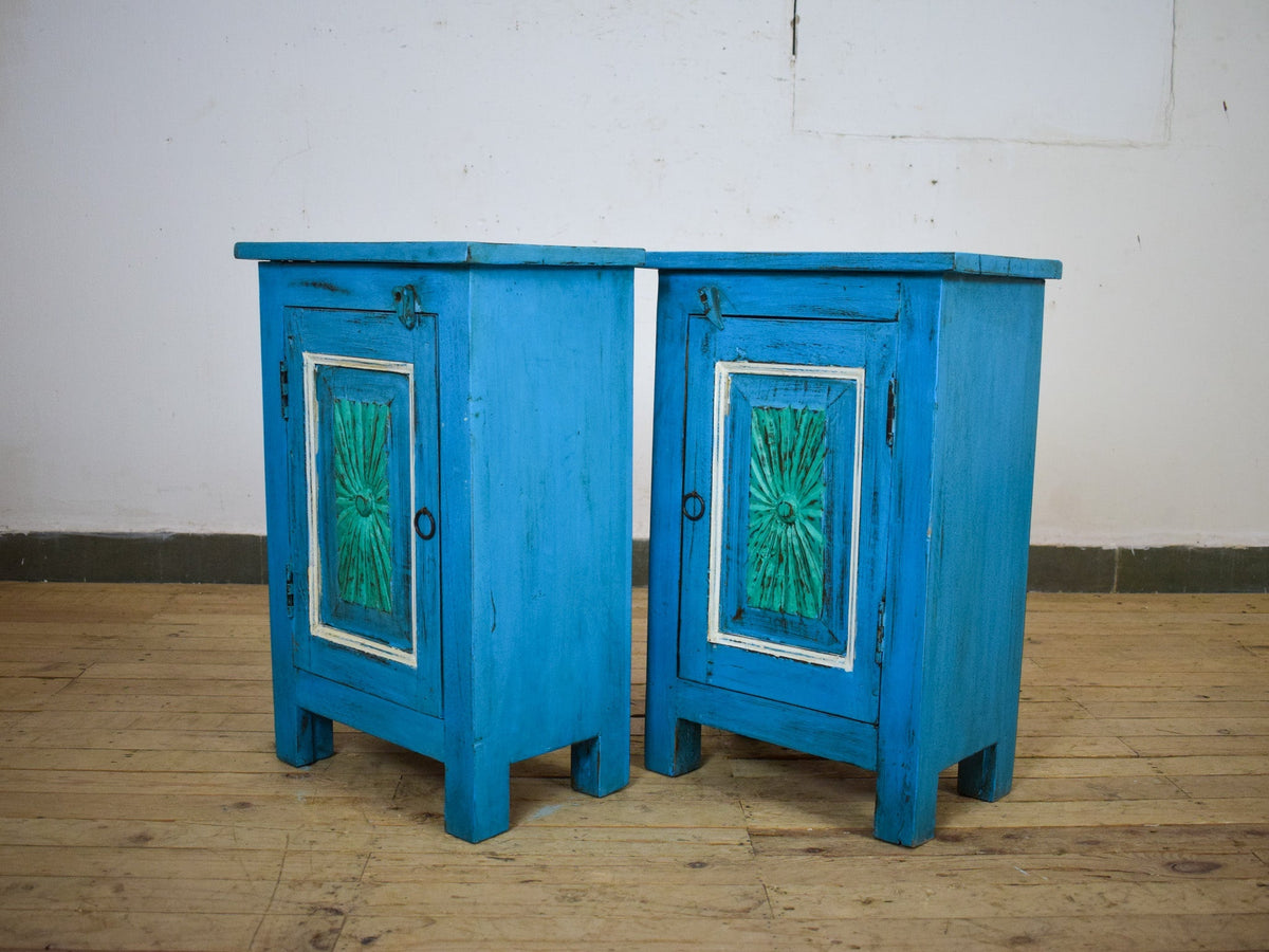Vintage Reclaimed Carved Wood Pair of Bed Side Cabinet Cupboard