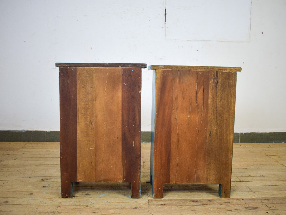 Vintage Reclaimed Carved Wood Pair of Bed Side Cabinet Cupboard