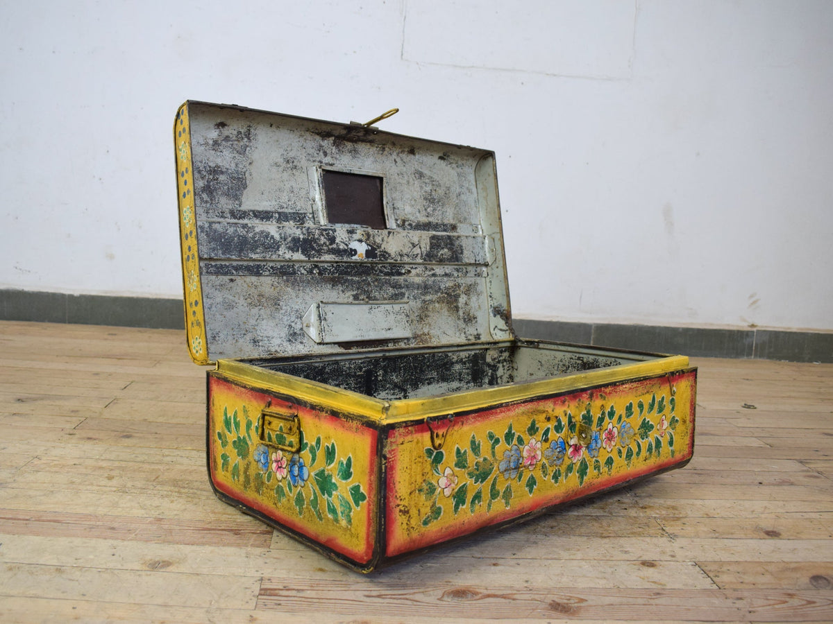 Vintage Indian Hand Painted Metal Travel Trunk Chest