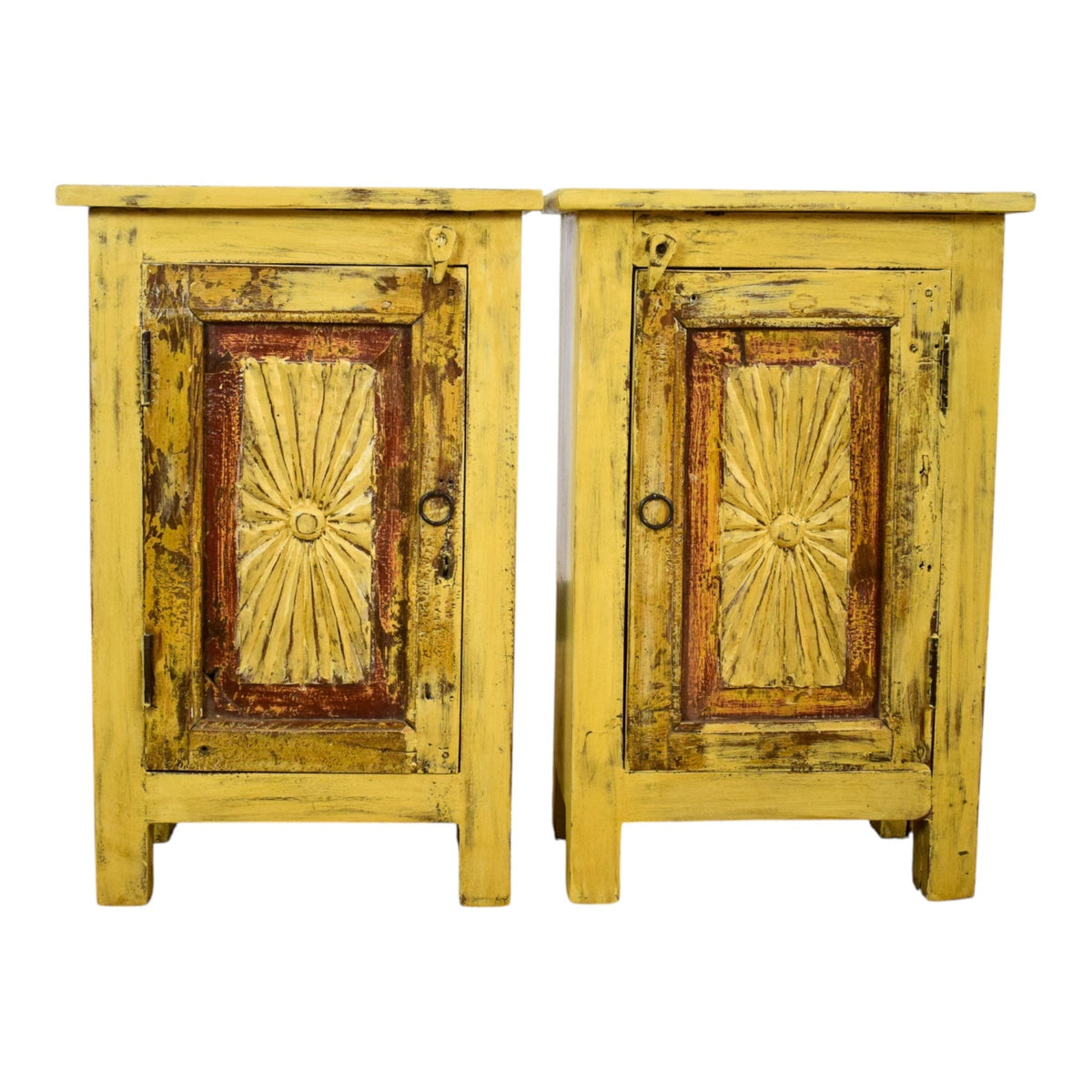 Vintage Reclaimed Carved Wood Pair of Bed Side Cabinet Cupboard