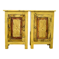 Vintage Reclaimed Carved Wood Pair of Bed Side Cabinet Cupboard