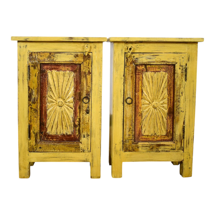 Vintage Reclaimed Carved Wood Pair of Bed Side Cabinet Cupboard