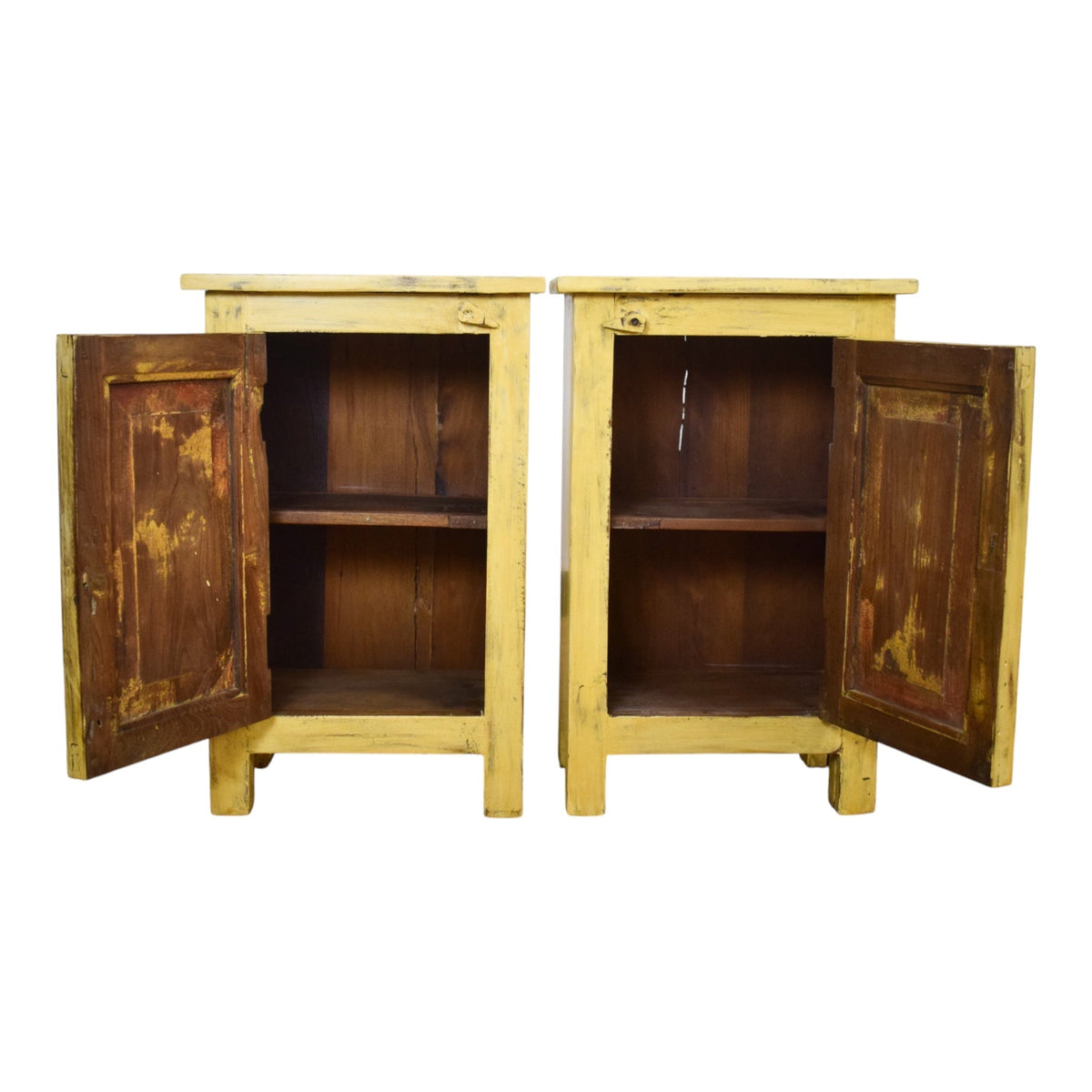 Vintage Reclaimed Carved Wood Pair of Bed Side Cabinet Cupboard