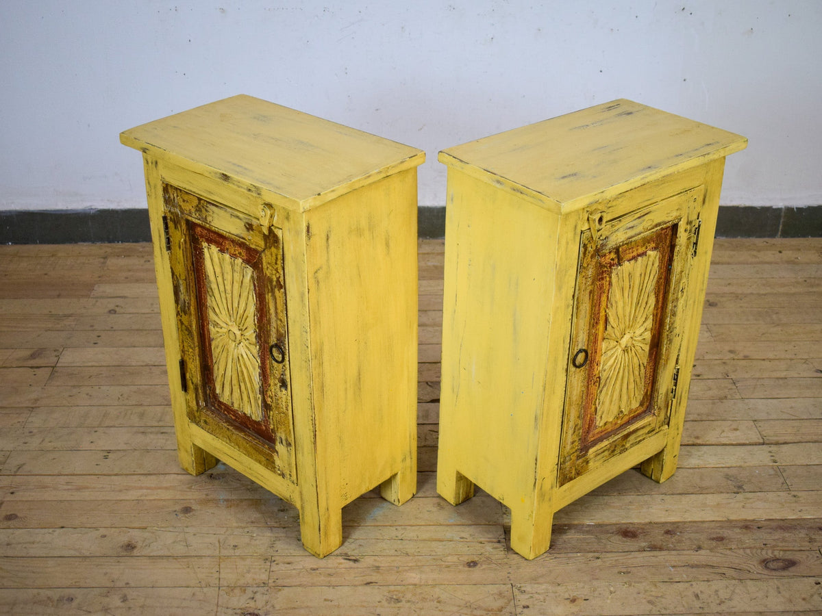 Vintage Reclaimed Carved Wood Pair of Bed Side Cabinet Cupboard