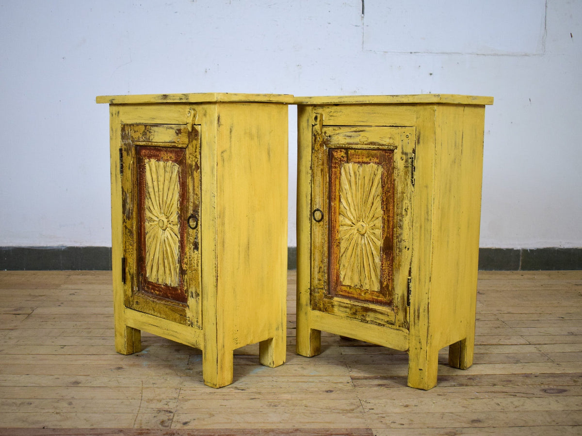 Vintage Reclaimed Carved Wood Pair of Bed Side Cabinet Cupboard